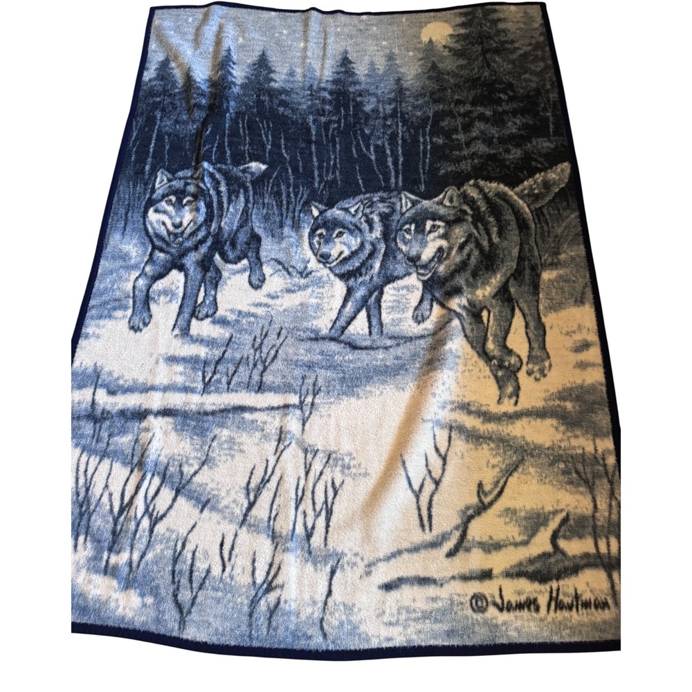 Biederlack James Hautman Wolf Fleece Blanket Blue Grey 75x54 Lodge Cabin
